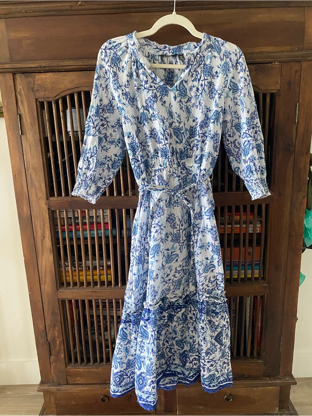 100% Cotton Blue and White Floral High/Low Midi Dress with Smocked Waist